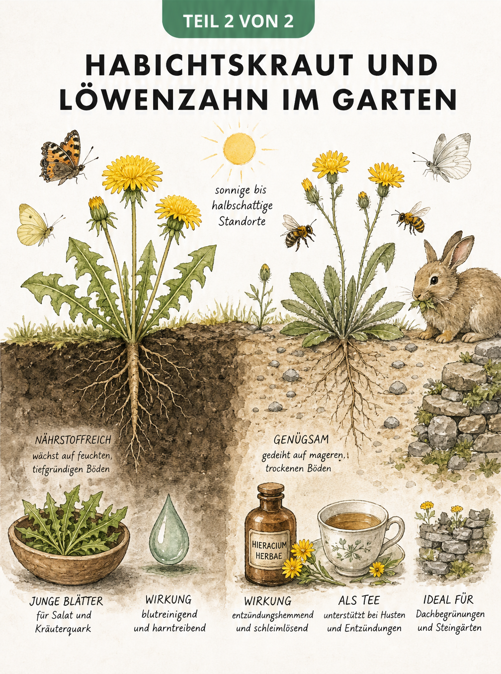 Aquarell-Illustration: Löwenzahn und Habichtskraut an ihren bevorzugten Standorten mit Hinweisen zur Nutzung