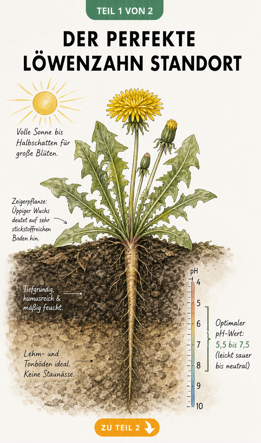 Botanische Querschnitts-Illustration einer Löwenzahnpflanze mit Wurzeln im Erdreich, die ideale Standortbedingungen wie Sonne, pH-Wert und Bodenstruktur zeigt.