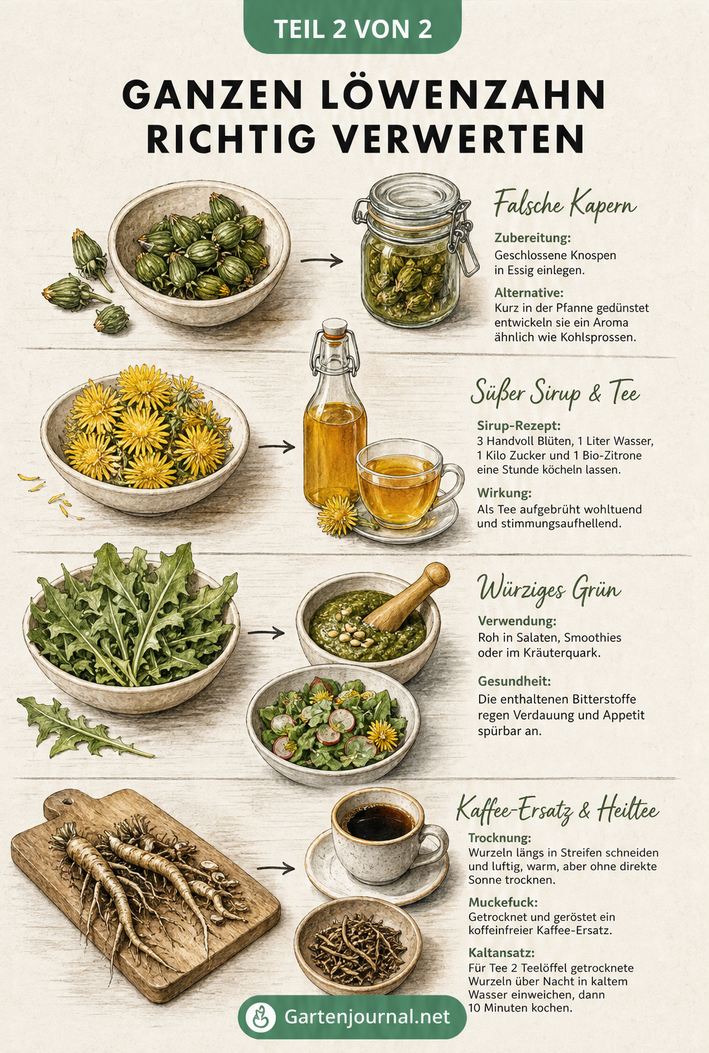 Illustration von geernteten Löwenzahnteilen und deren Verarbeitung zu Kapern, Sirup, Salat und Kaffee-Ersatz
