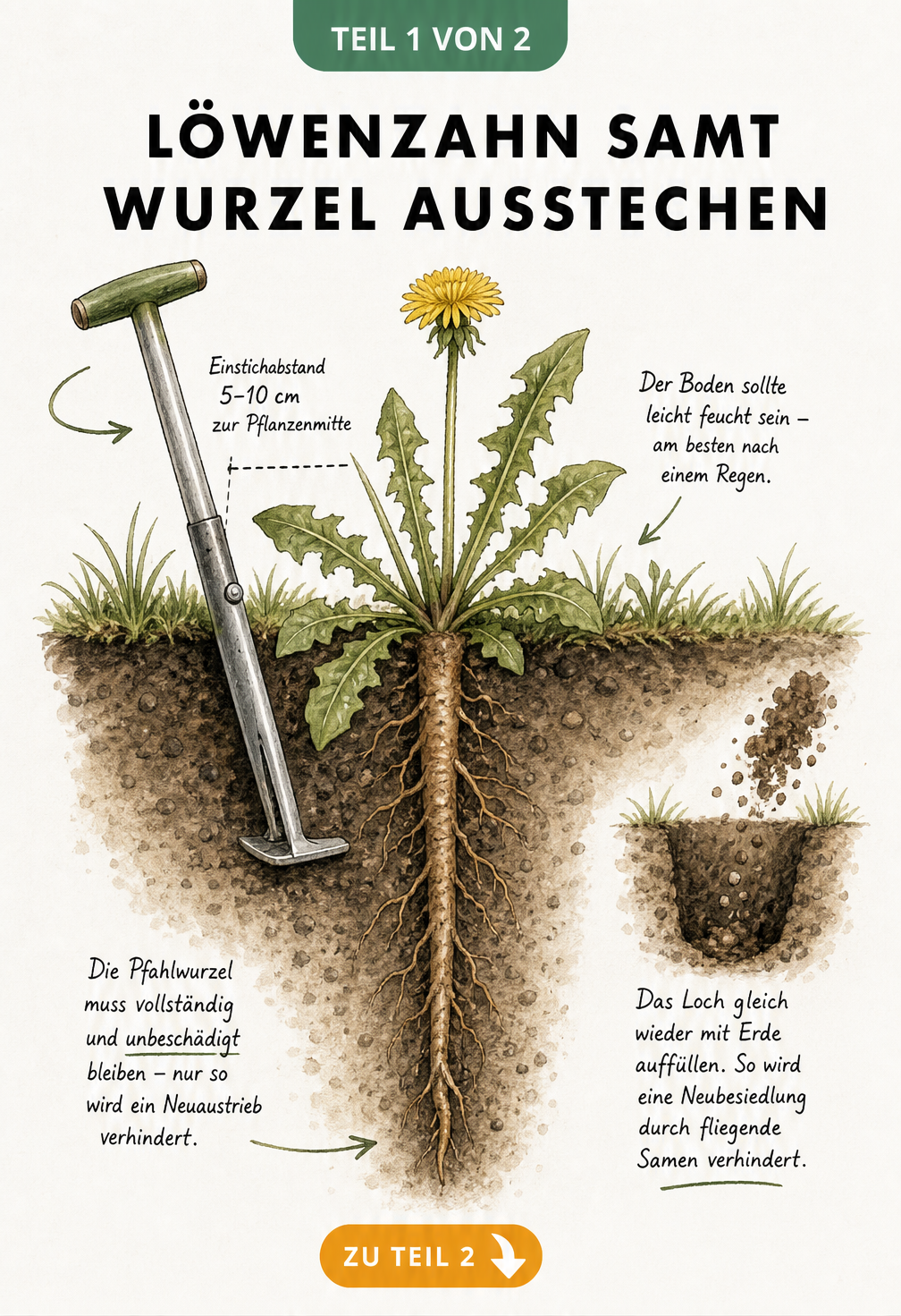 Botanische Querschnitts-Illustration eines Löwenzahns mit tiefer Pfahlwurzel und einem Unkrautstecher im Einsatz
