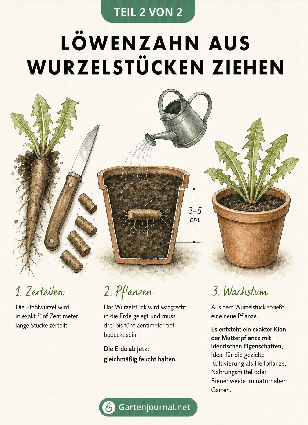 Illustration zur vegetativen Vermehrung von Löwenzahn durch das Schneiden und Einpflanzen von Wurzelstücken