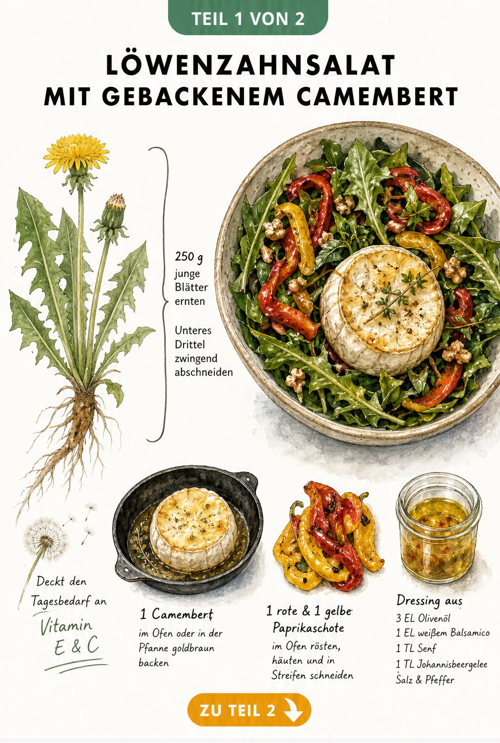 Aquarell-Illustration eines Löwenzahnsalats mit gebackenem Camembert, Paprika und Dressing