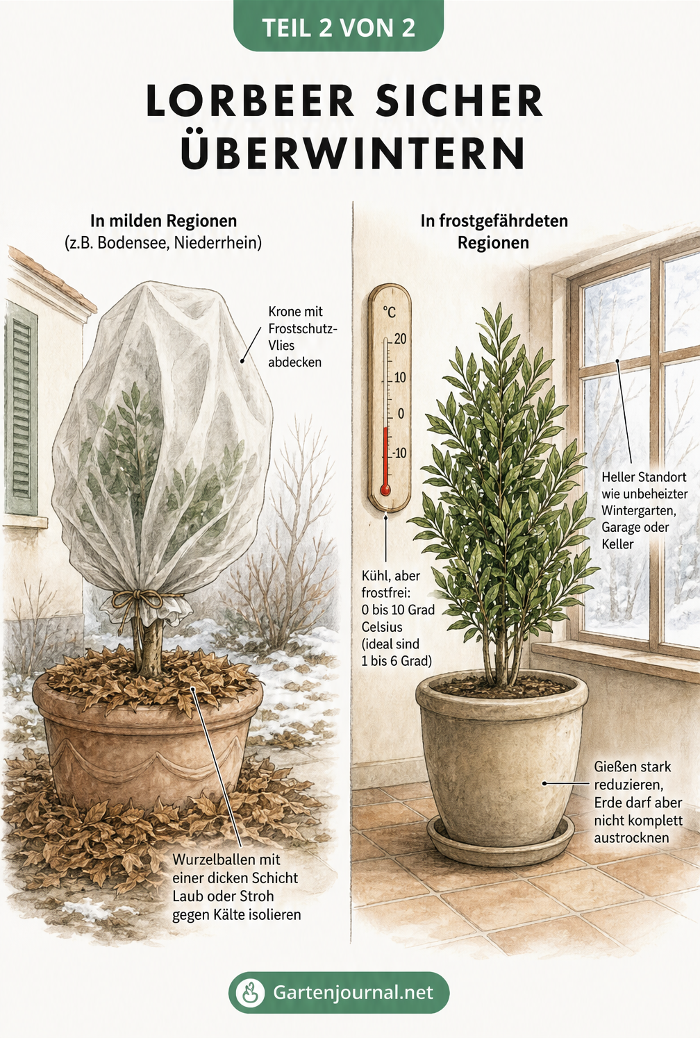 Illustration zur Überwinterung von Lorbeer: Draußen mit Frostschutz-Vlies und drinnen im kühlen, hellen Raum