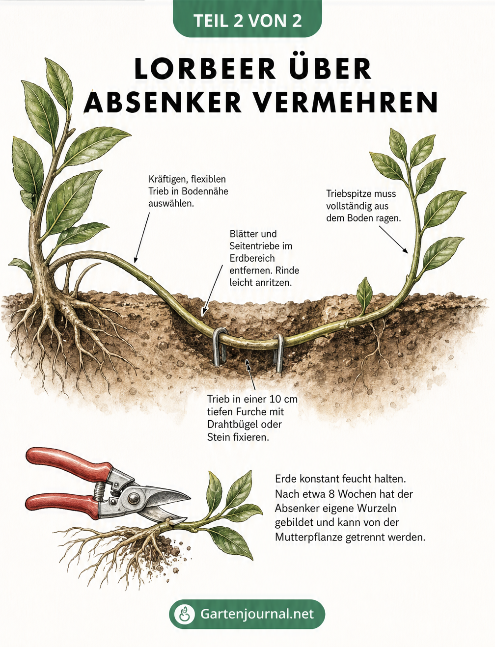 Querschnitt-Zeichnung eines Lorbeer-Absenkers, der in der Erde fixiert ist und Wurzeln bildet