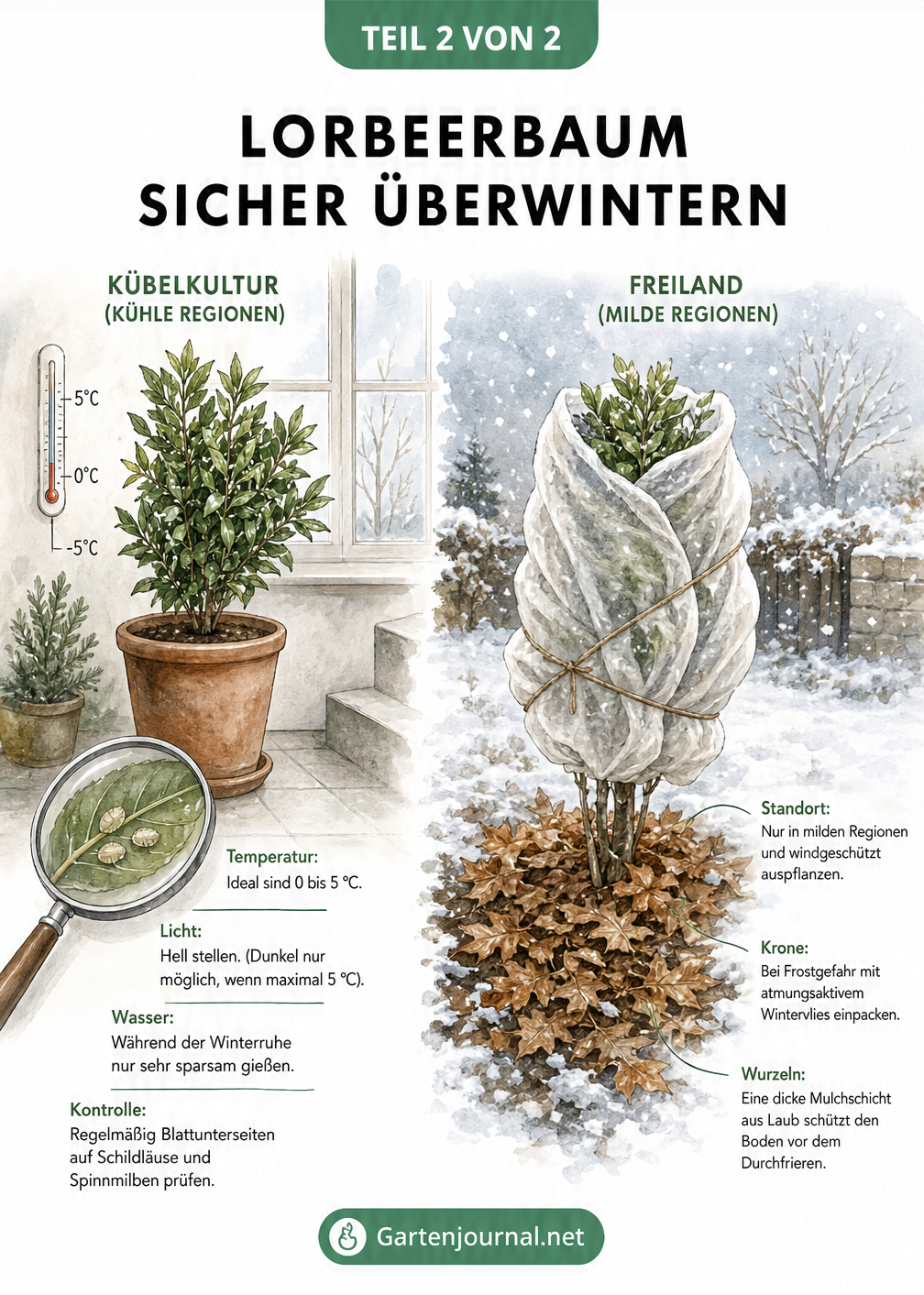 Illustration zur Überwinterung des Lorbeerbaums, links im kühlen Innenraum, rechts im Freiland mit Winterschutz.