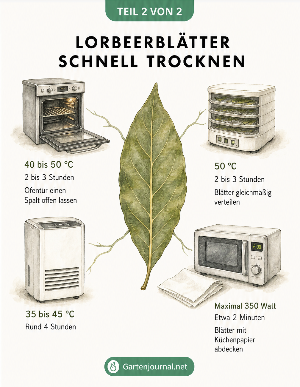 Skizze zeigt die Trocknung von Lorbeerblättern im Backofen, Dörrautomat, Entfeuchter und in der Mikrowelle mit Temperaturangaben.