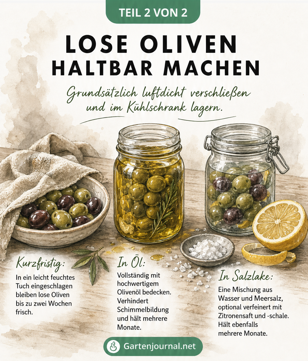 Illustration zur Aufbewahrung loser Oliven: Im feuchten Tuch, in Öl oder in Salzlake