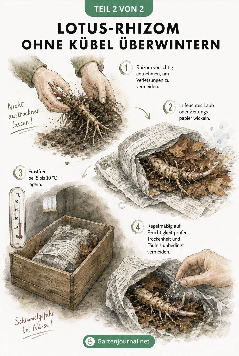 Illustration der Überwinterung eines Lotus-Rhizoms ohne Kübel in vier Schritten