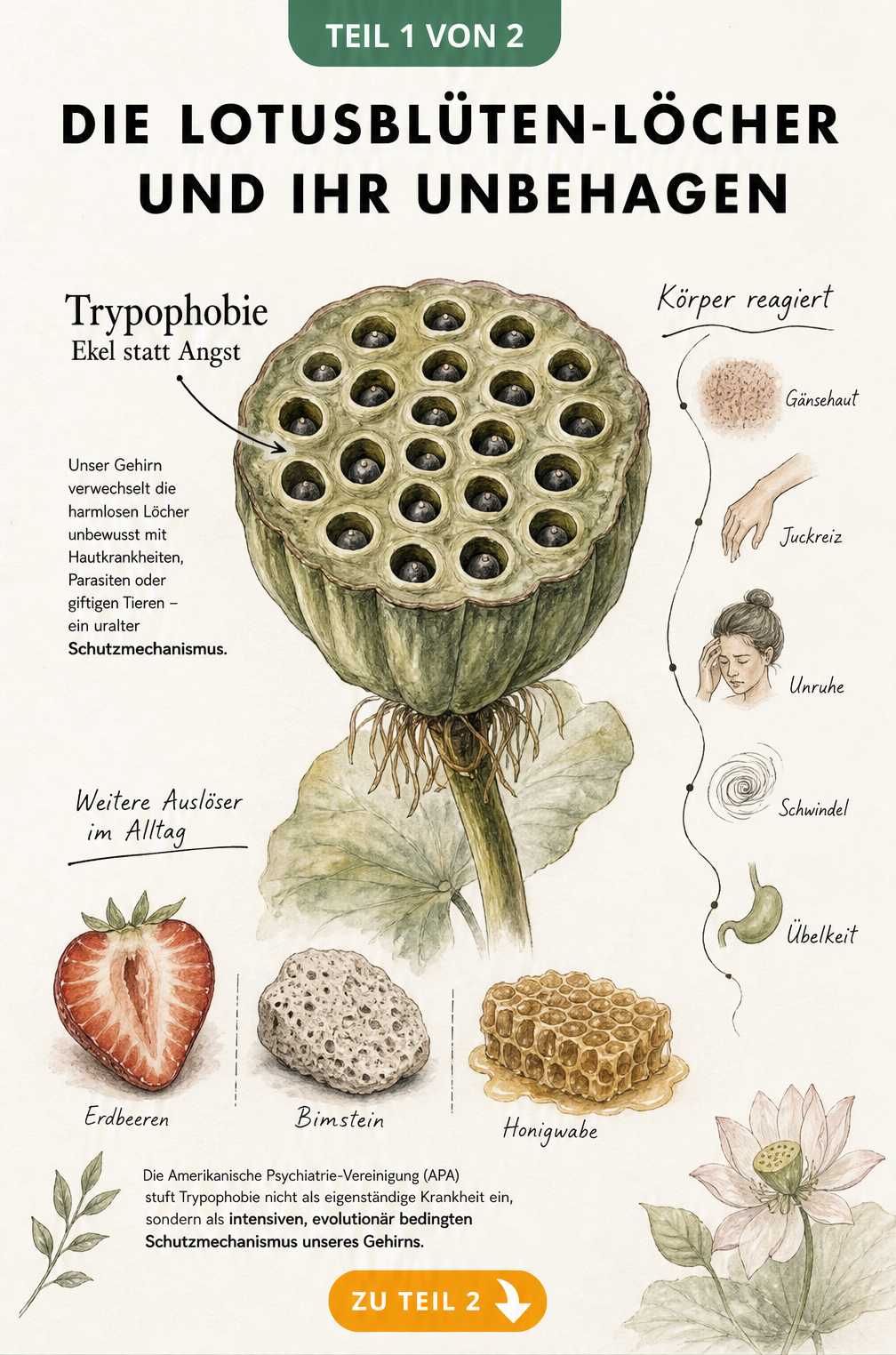 Botanische Illustration einer Lotus-Samenkapsel mit Erklärungen zur Trypophobie und körperlichen Reaktionen