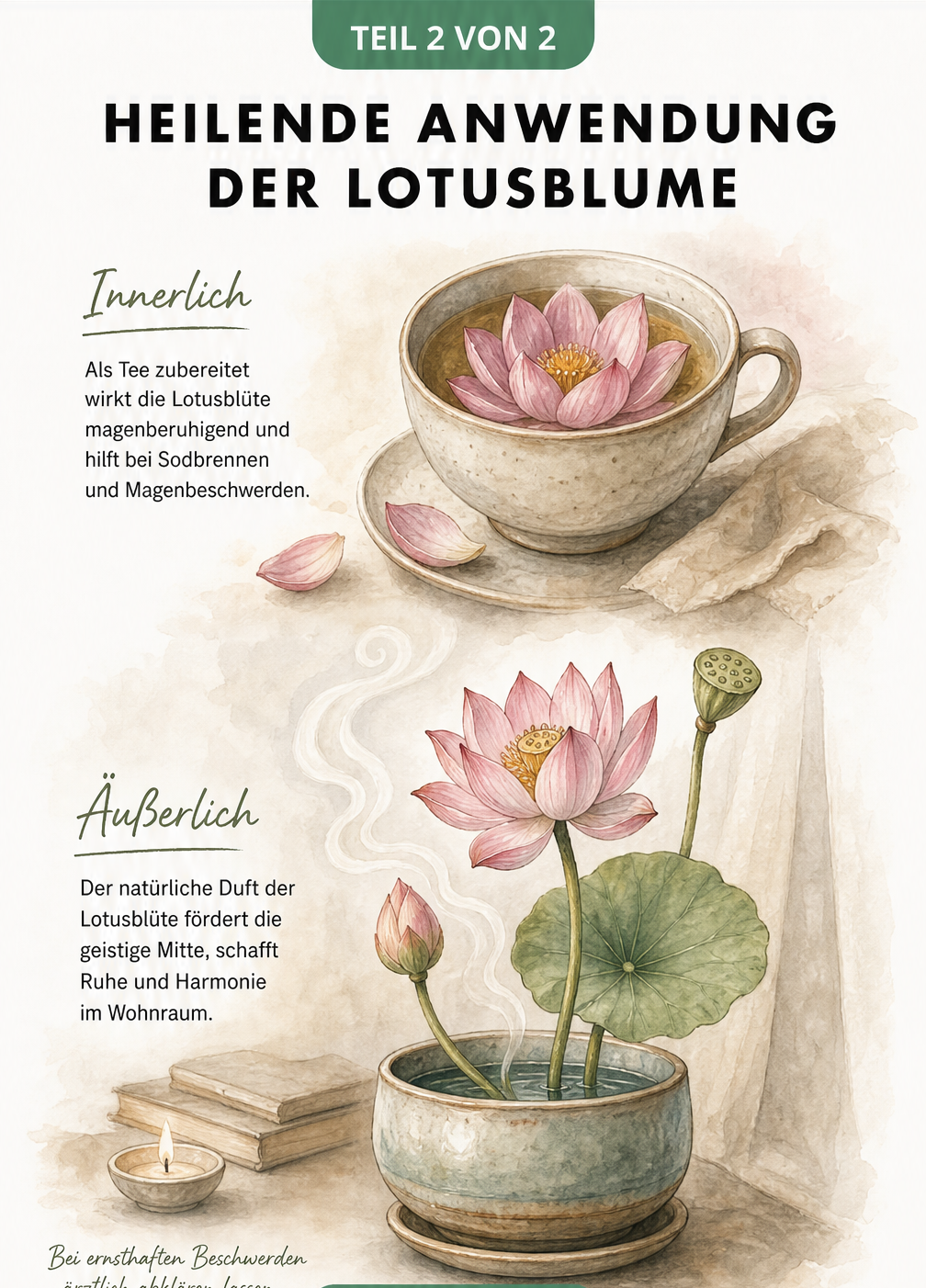 Illustration einer Teetasse mit Lotusblüte und einer Lotusblume als Zimmerpflanze zur Magenberuhigung und Aromatherapie.