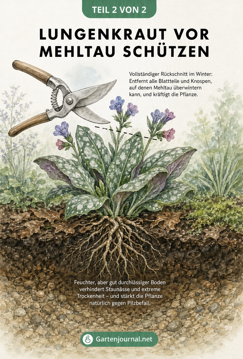 Querschnitt-Zeichnung eines gesunden Lungenkrauts im Boden mit Gartenschere für den Rückschnitt
