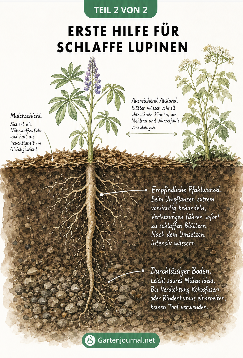 Schnittzeichnung einer Lupine im Erdreich mit Fokus auf Pfahlwurzel, durchlässigen Boden, Mulchschicht und Pflanzabstand.