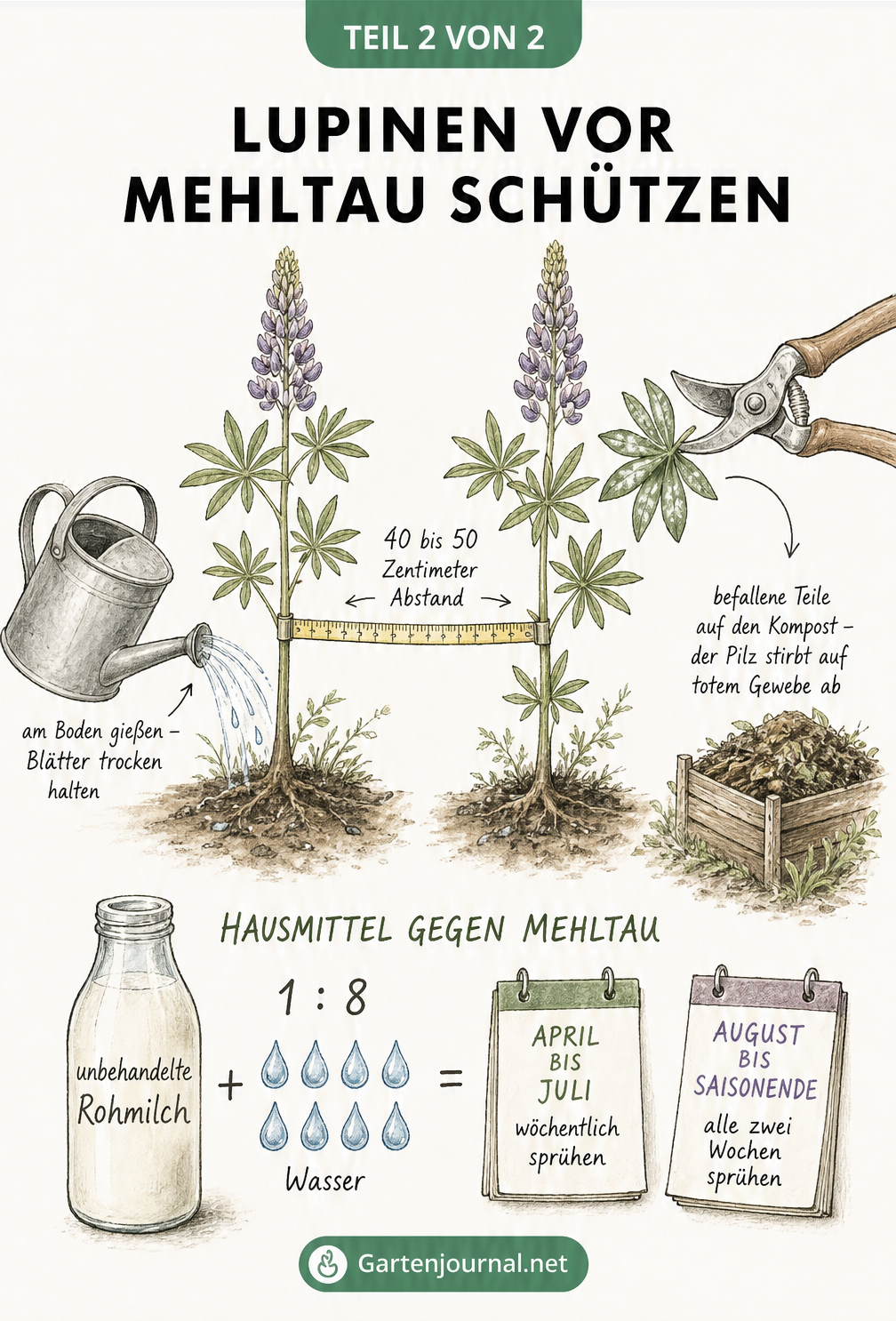 Gartenskizze mit zwei Lupinen im Abstand von 40 bis 50 cm, einer Gießkanne, die nur die Erde wässert, und einer Anleitung für ein Hausmittel aus Rohmilch und...