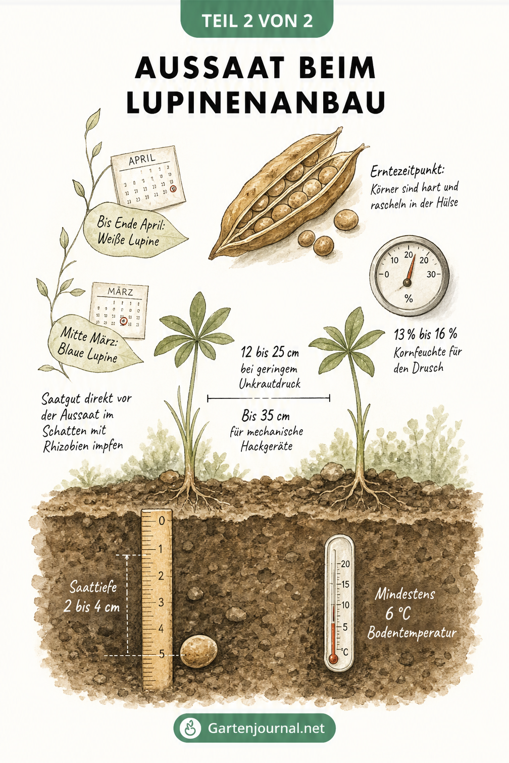 Zeitleiste zur Aussaat von Lupinen vom Samenkorn bis zur Ernte