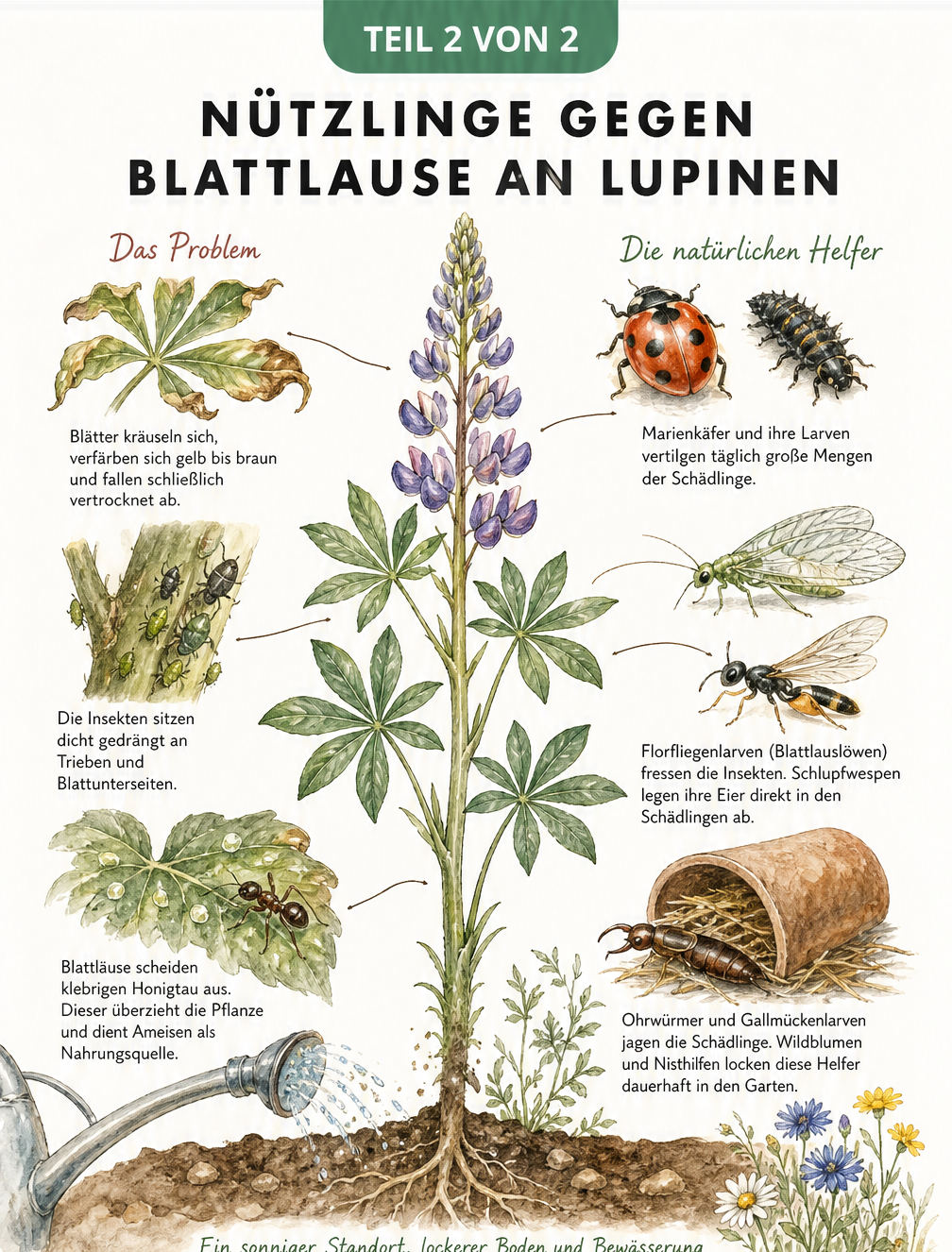 Gegenüberstellung einer kranken Lupine mit Blattlausbefall und einer gesunden Lupine mit Nützlingen wie Marienkäfer, Florfliege und Ohrwurm.