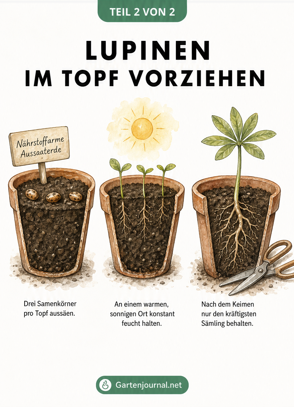 Drei Terrakotta-Töpfe zeigen die Entwicklung von Lupinen: Aussaat von drei Samen, Keimung am sonnigen Standort und die finale Jungpflanze.