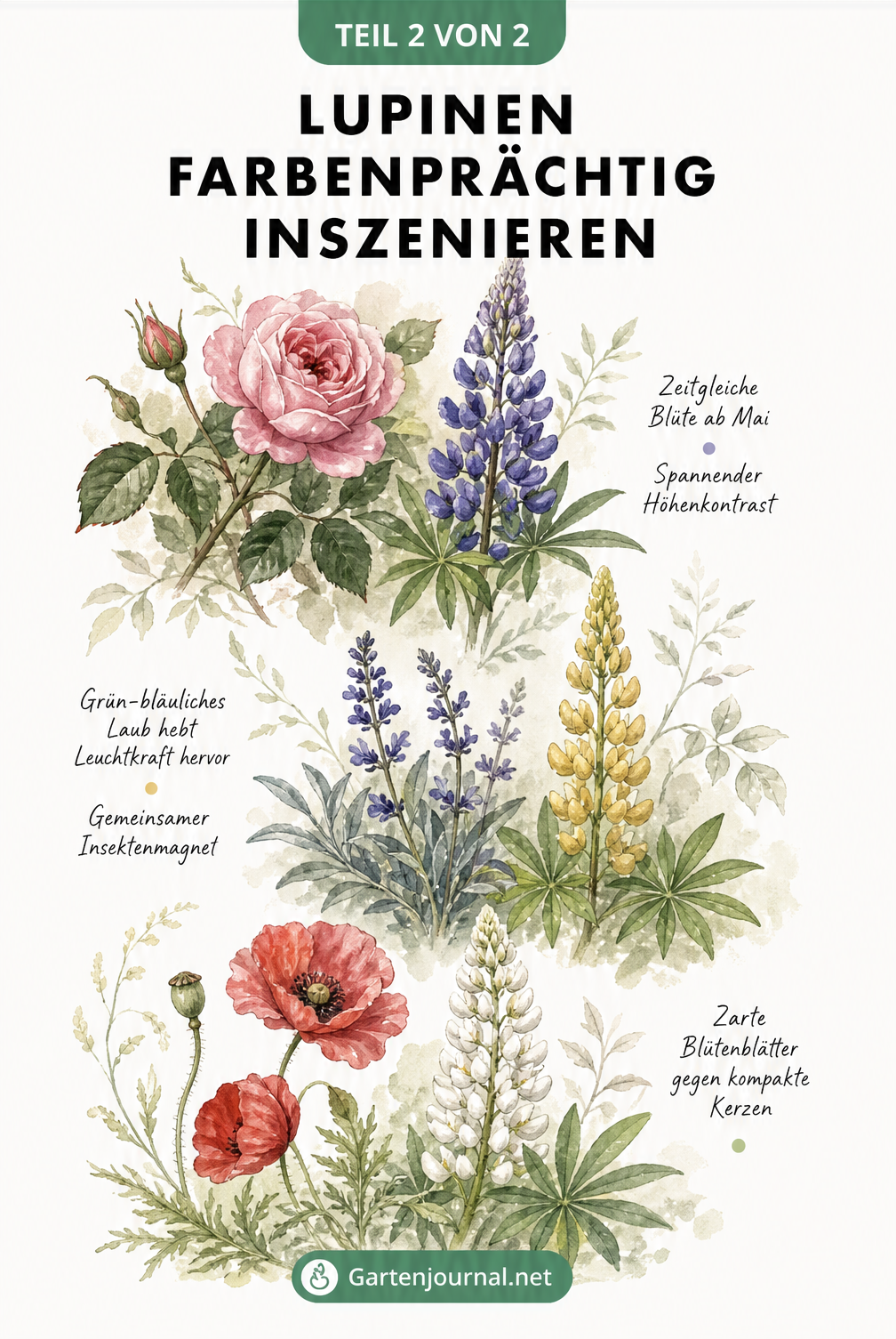 Illustration von drei Pflanzen-Duos: Beetrose mit blauer Lupine, Salbei mit gelber Lupine und Mohn mit weißer Lupine