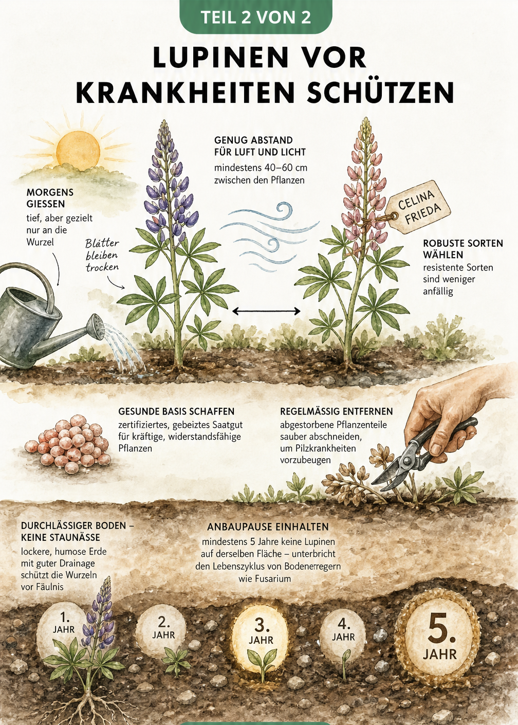 Querschnitt durch ein Gartenbeet mit Lupinen, der richtiges Gießen, Pflanzabstand, Saatgut und eine fünfjährige Anbaupause zeigt