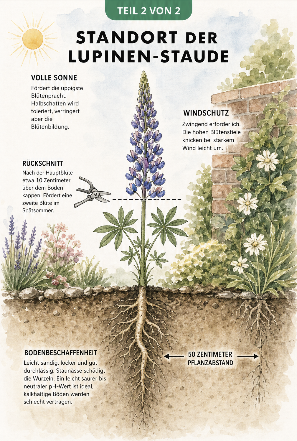 Querschnitt durch ein Gartenbeet mit einer Lupine, der ideale Standortbedingungen wie Sonne, Windschutz, Pflanzabstand und Bodenbeschaffenheit zeigt