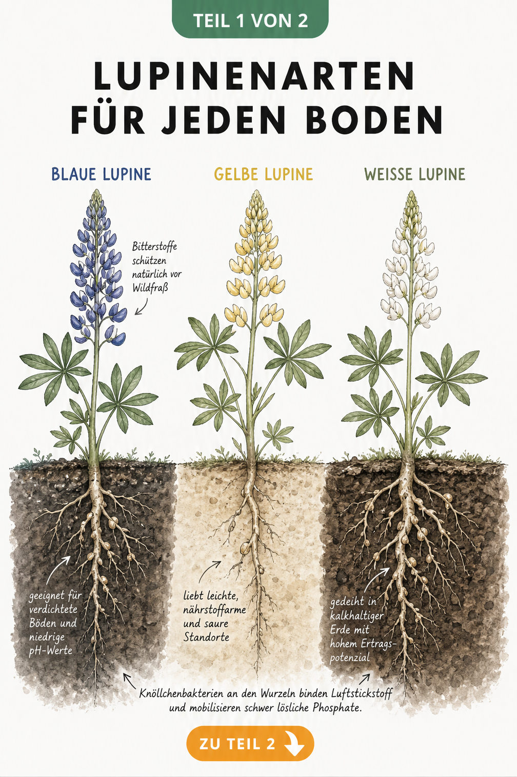 Illustration von drei Lupinenarten im Querschnitt mit Wurzelwerk und Bodenbeschaffenheit