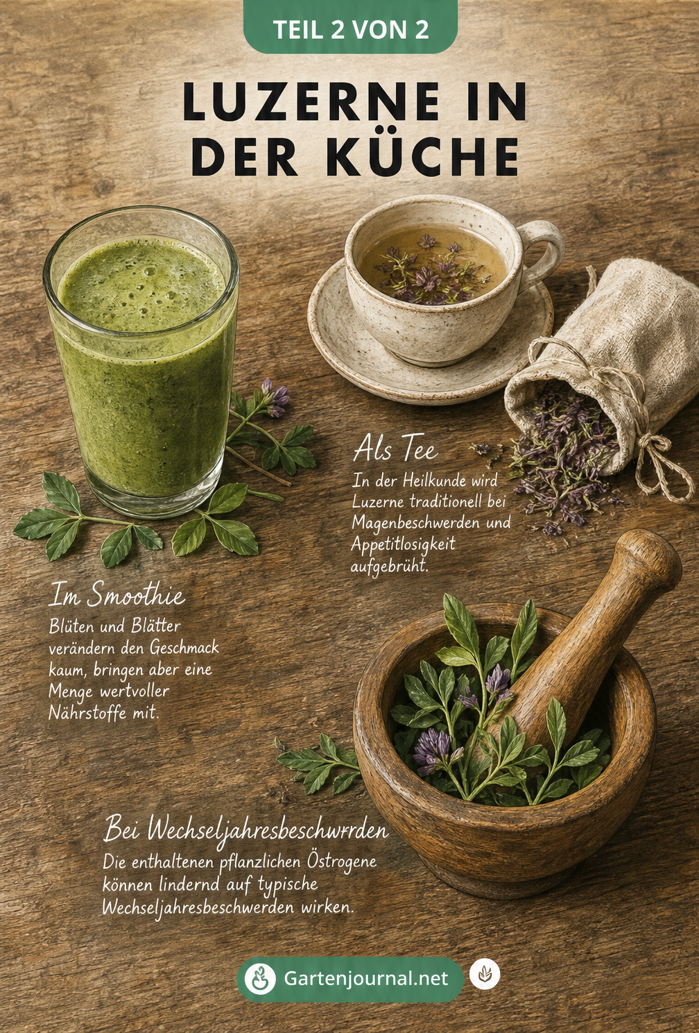 Illustration einer rustikalen Küchenarbeitsplatte mit grünem Smoothie, Teetasse und Mörser mit Luzerne
