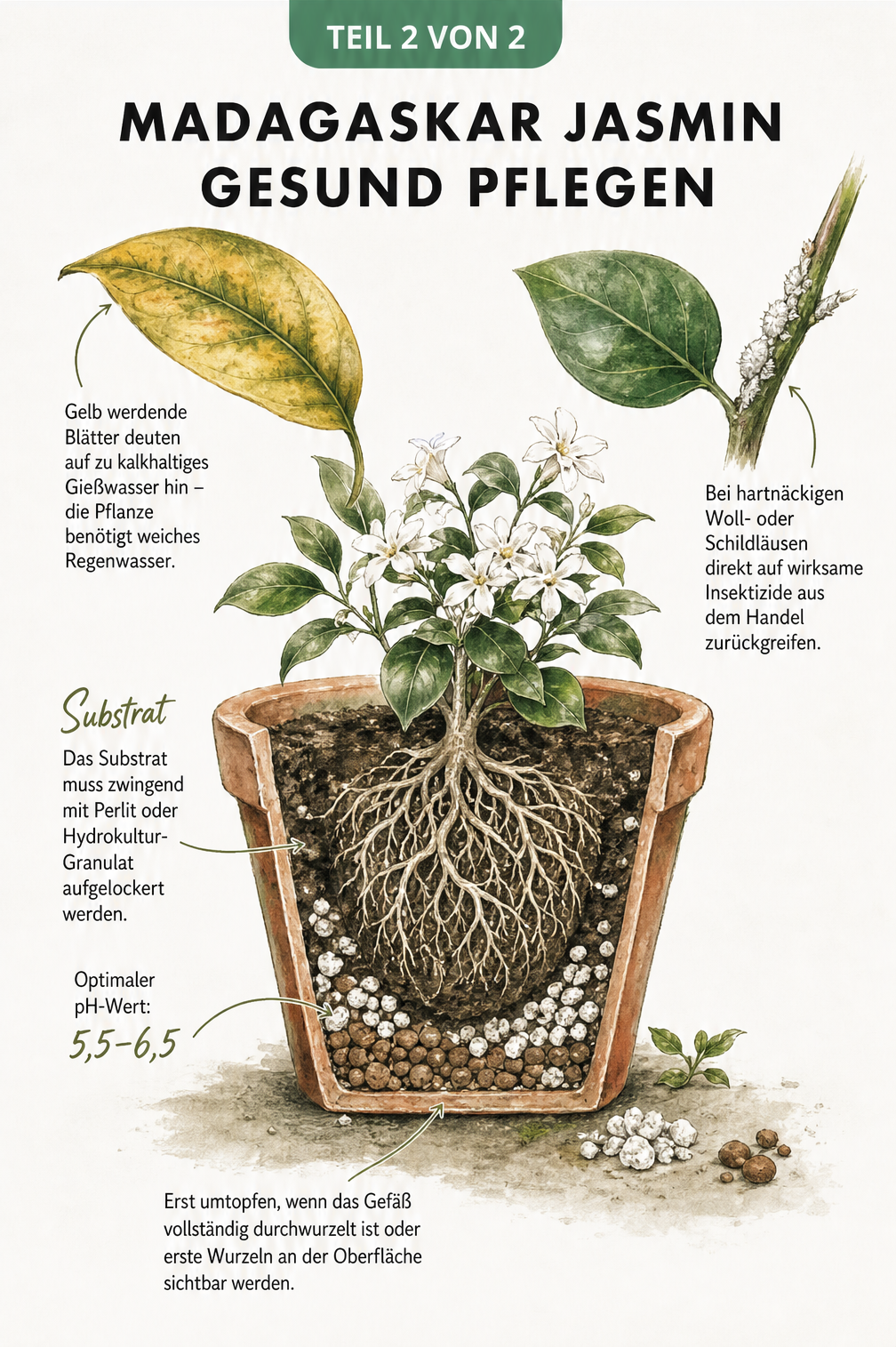 Querschnitt eines Blumentopfs mit Madagaskar Jasmin und Hinweisen zu Substrat, Umtopfen und Schädlingen