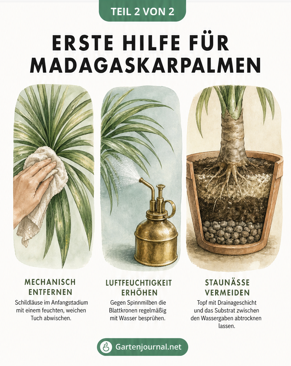 Aquarell-Illustration zur Pflege der Madagaskarpalme: Blätter abwischen, besprühen und Drainage im Topf
