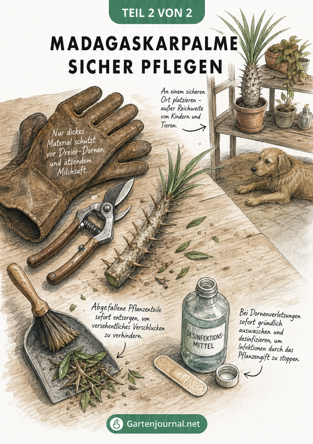 Illustration eines Pflanztisches mit Handschuhen, Gartenschere und sicherer Platzierung der Madagaskarpalme