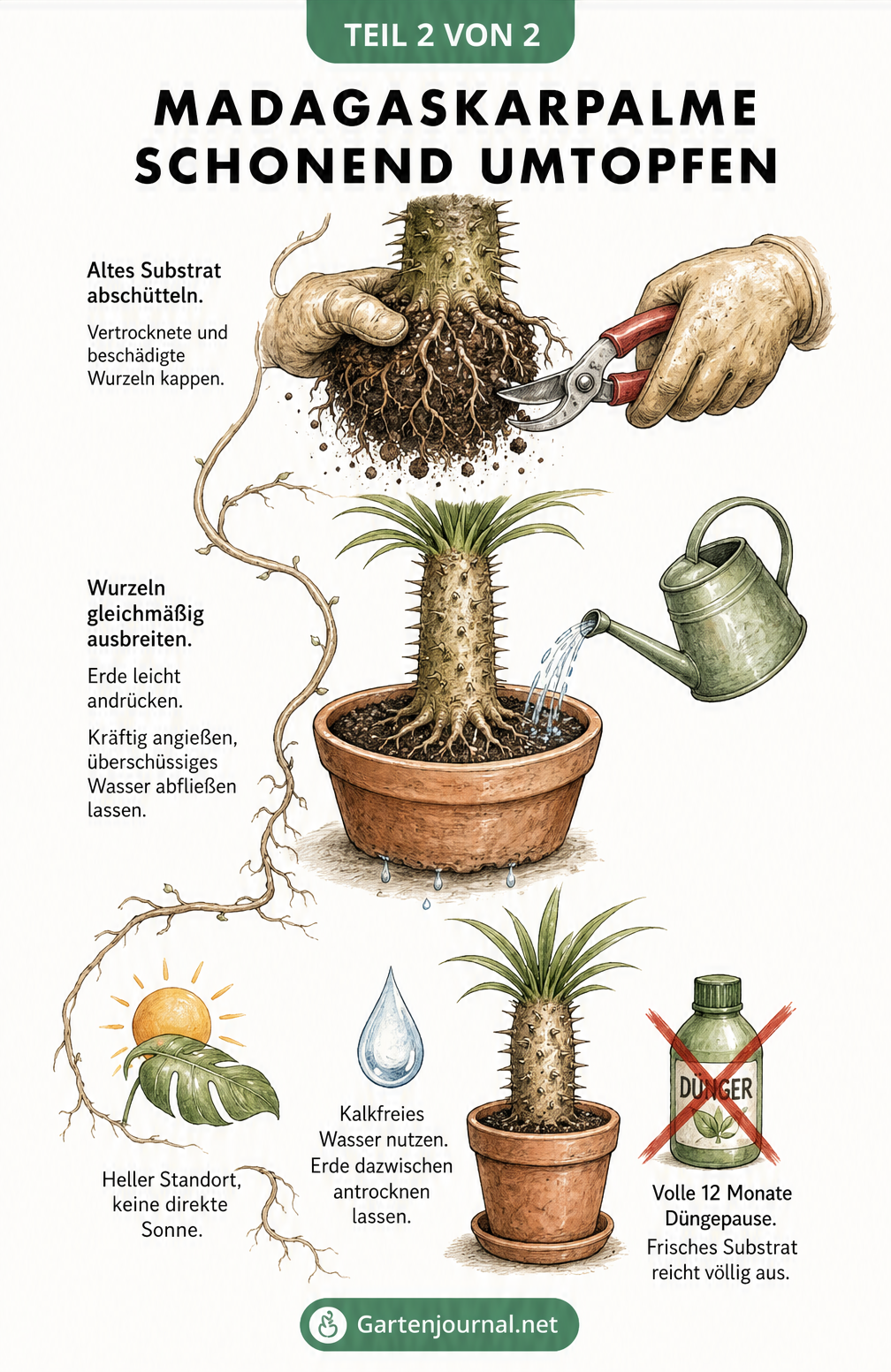 Illustration der Schritte beim Umtopfen: Wurzeln schneiden, Pflanze einsetzen, angießen und Pflegehinweise