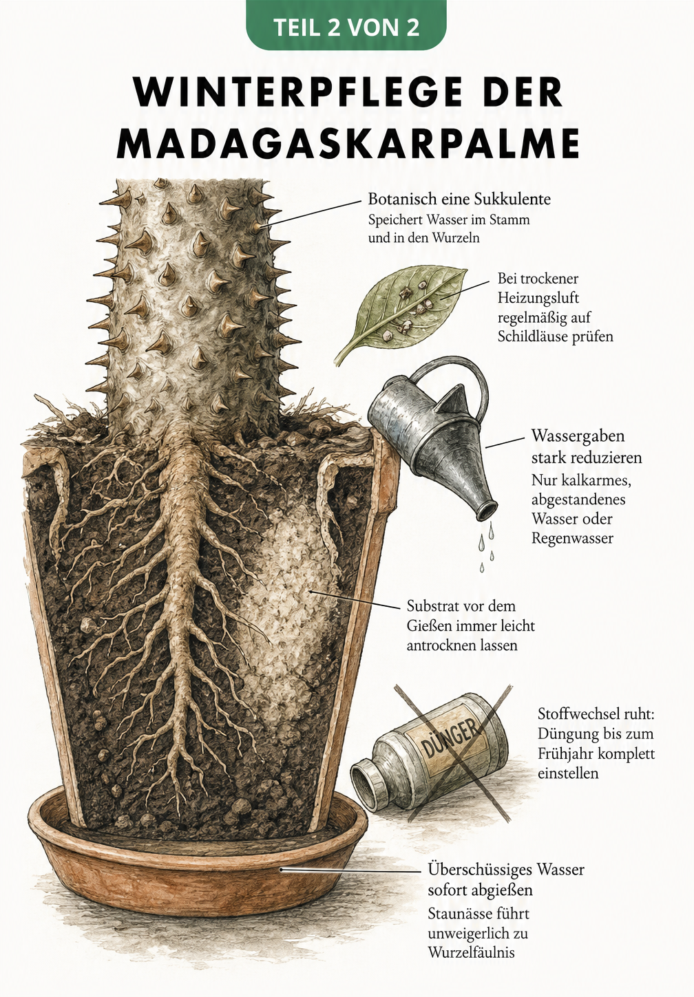 Detailzeichnung des dornigen Stamms der Madagaskarpalme und Querschnitt durch den Blumentopf mit Gießkanne