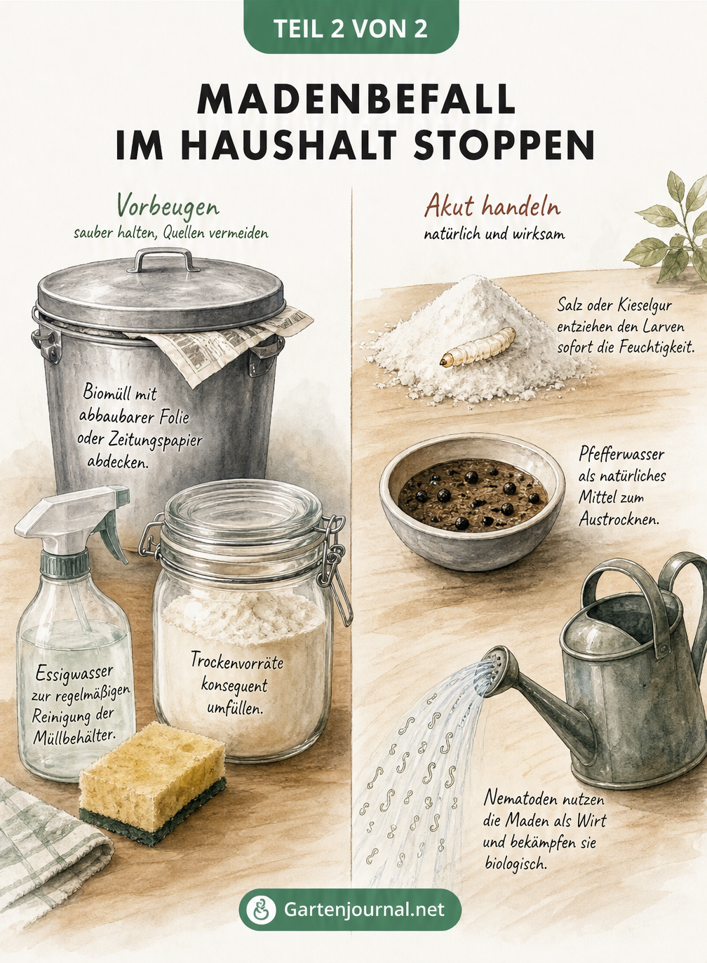 Aquarell-Illustration zur Prävention und Bekämpfung von Madenbefall im Haushalt