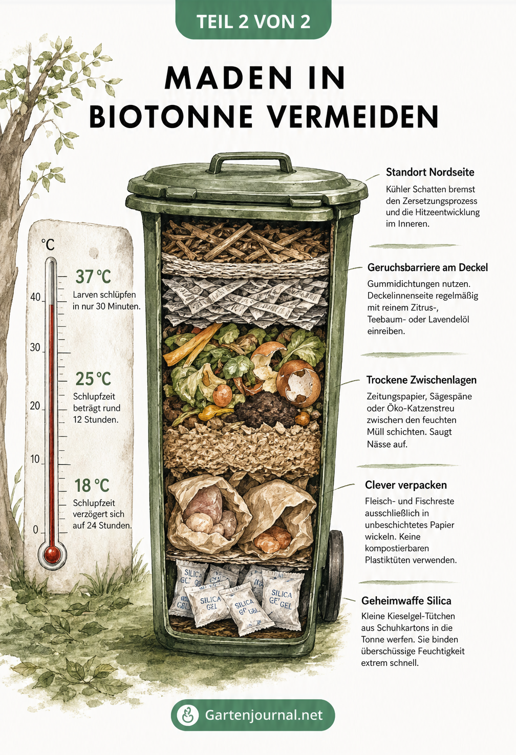Querschnitt einer Biotonne im Schatten mit Tipps zur Vermeidung von Maden durch richtige Schichtung und Standortwahl