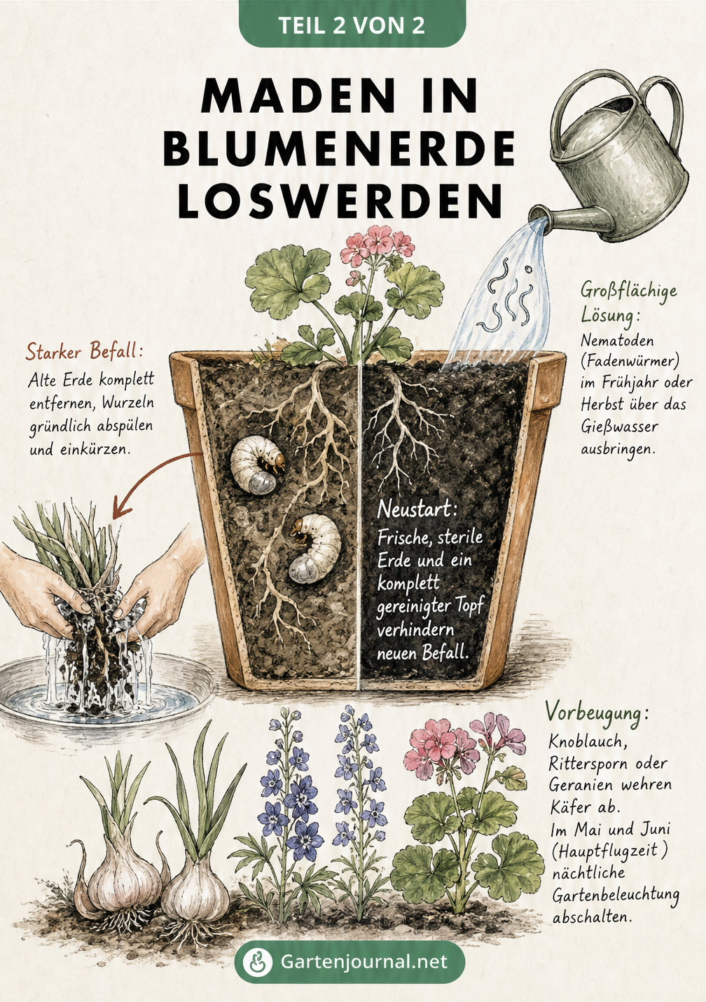 Querschnitt eines Blumentopfs mit Maßnahmen gegen Engerlinge: Umtopfen, Nematoden und vorbeugende Pflanzen