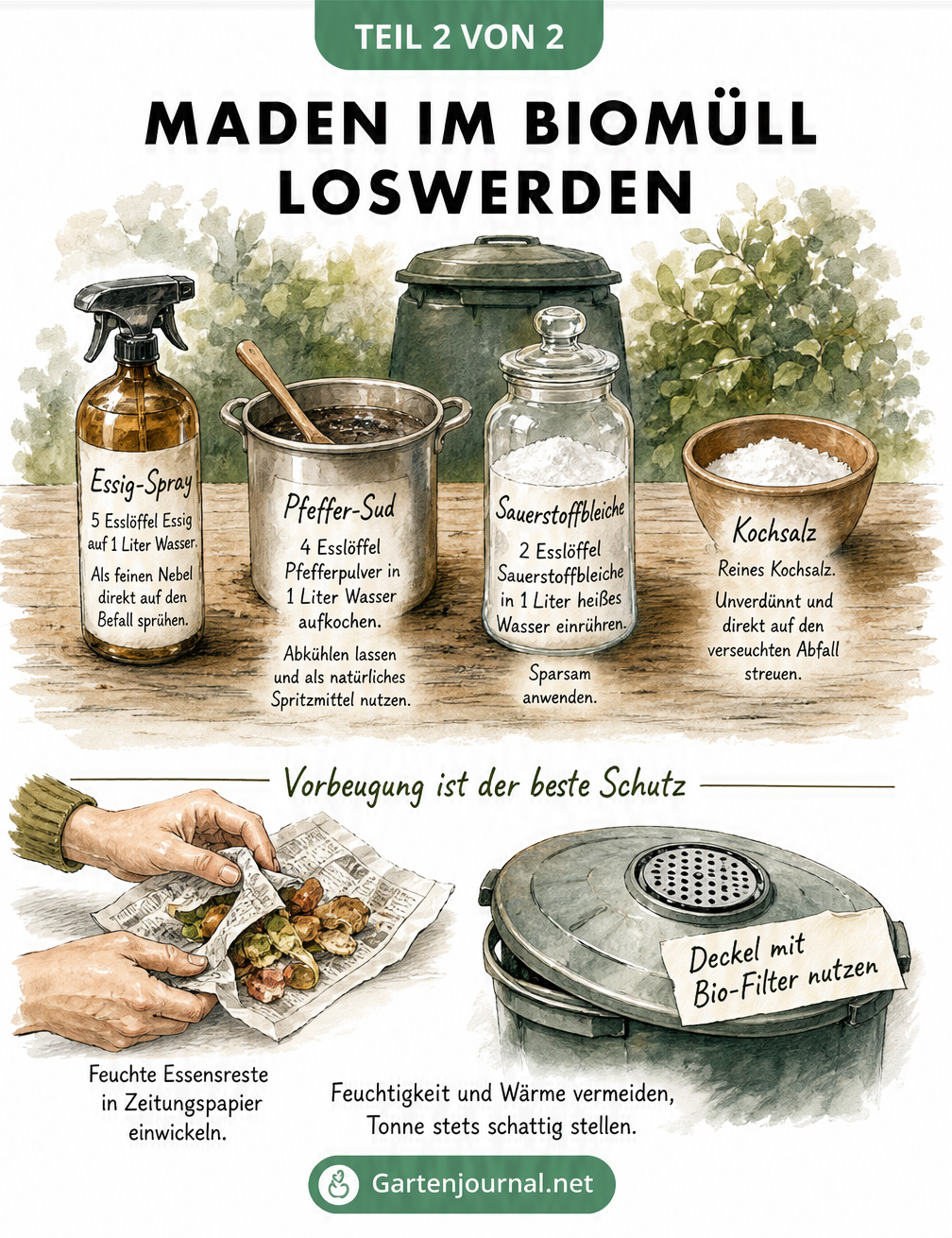 Illustration von Hausmitteln gegen Maden im Biomüll wie Essig, Pfeffer und Salz