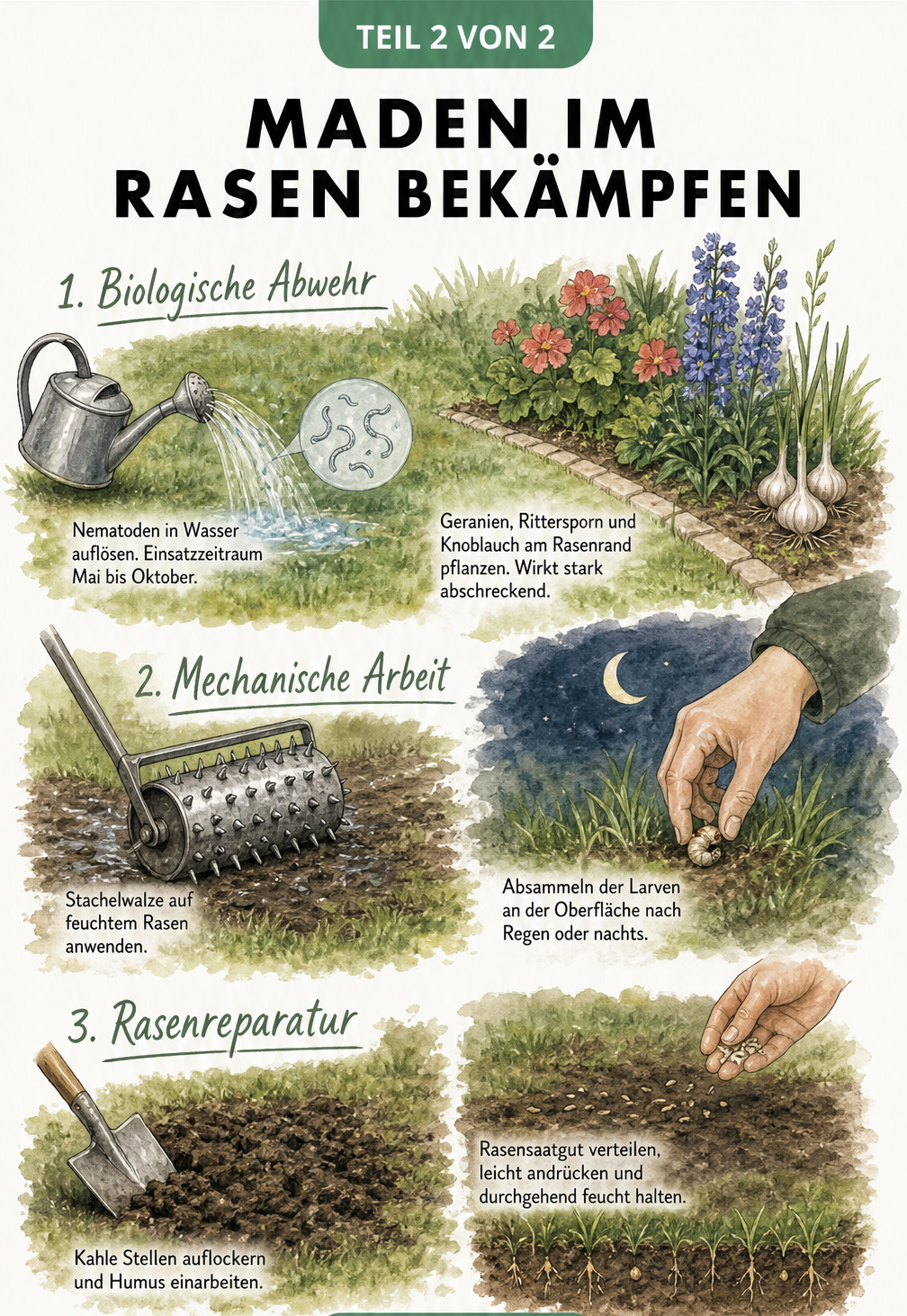 Illustration eines Gartens mit biologischen und mechanischen Methoden zur Bekämpfung von Maden im Rasen sowie Tipps zur Rasenreparatur