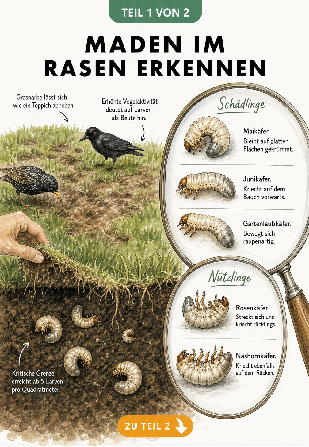 Querschnitt eines Gartenbodens mit Rasenschäden und Engerlingen sowie Lupen-Ansichten zur Bestimmung von Maikäfer, Junikäfer und Nützlingen