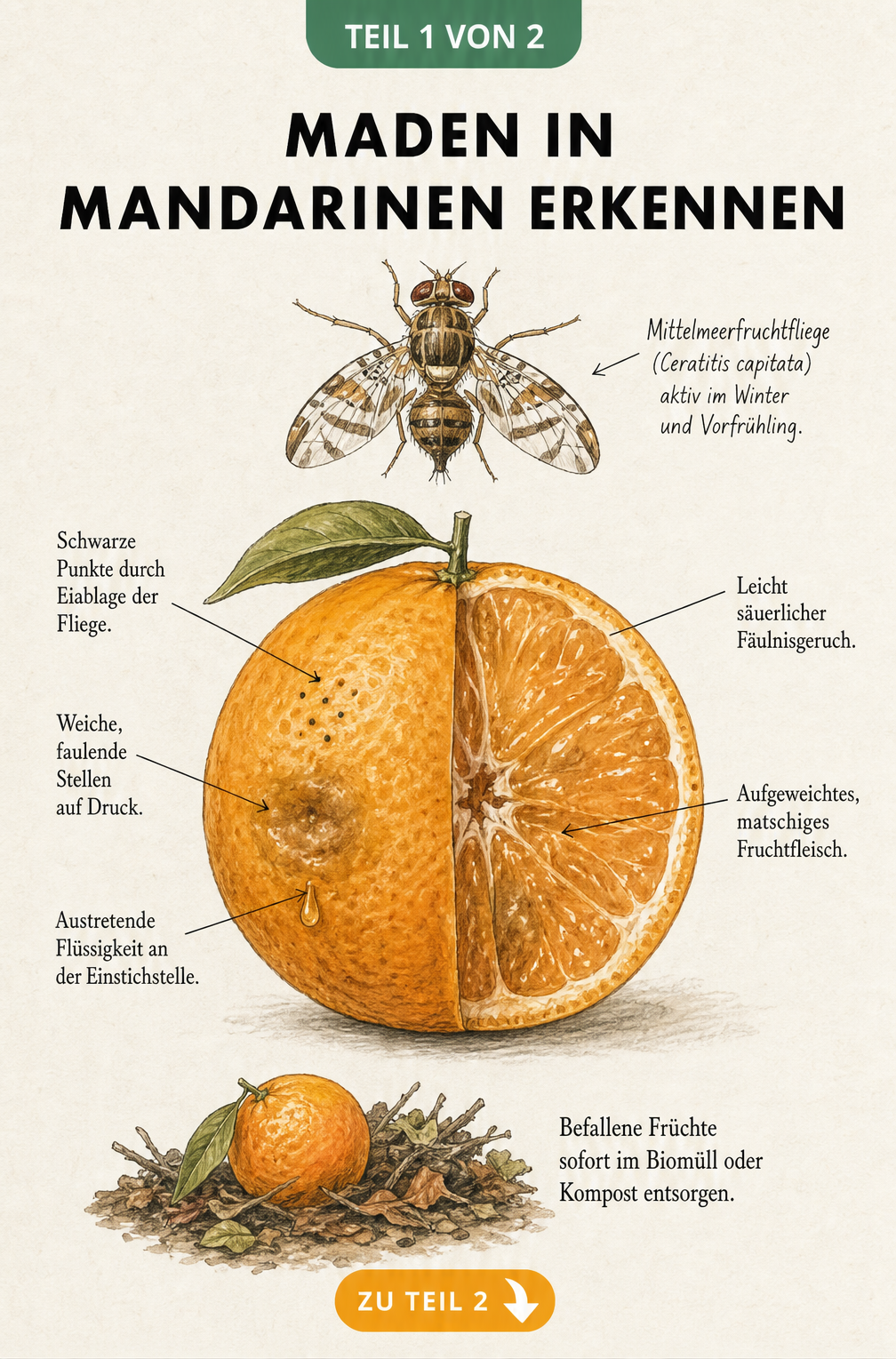 Botanische Zeichnung einer halbierten Mandarine mit Mittelmeerfruchtfliege, die Einstichstellen, weiche Stellen und matschiges Fruchtfleisch zeigt