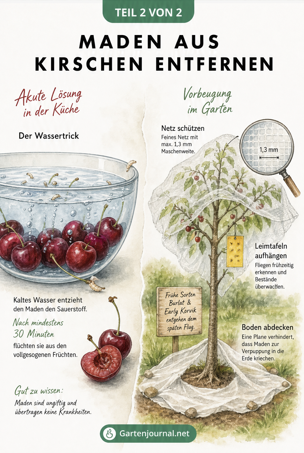 Grafik mit Tipps zum Entfernen von Maden aus Kirschen im Wasserbad und Schutzmaßnahmen am Baum