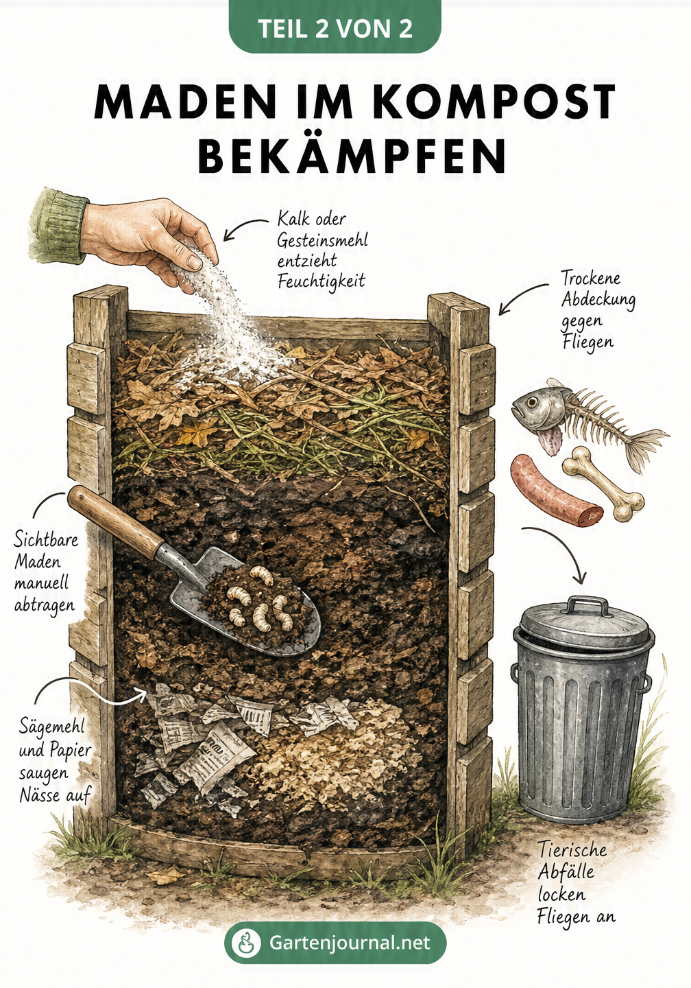 Querschnitt eines Komposters mit Maßnahmen gegen Maden wie Kalk, trockenes Laub und Entfernung tierischer Abfälle