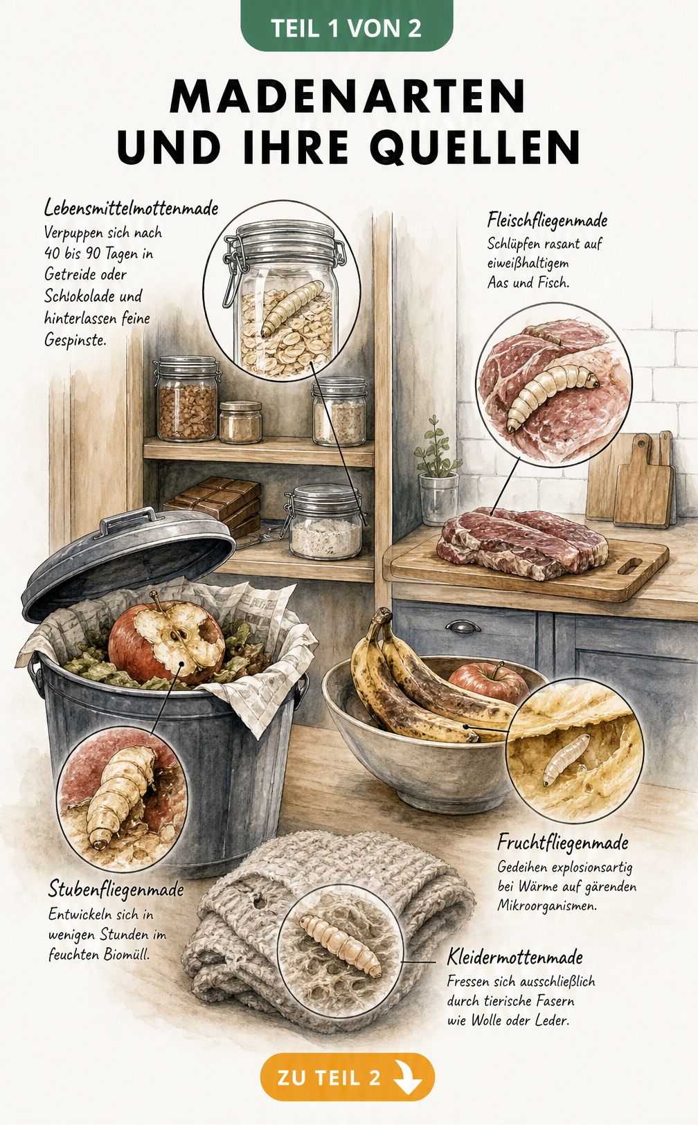 Illustration verschiedener Madenarten und ihrer Nahrungsquellen in einer Speisekammer