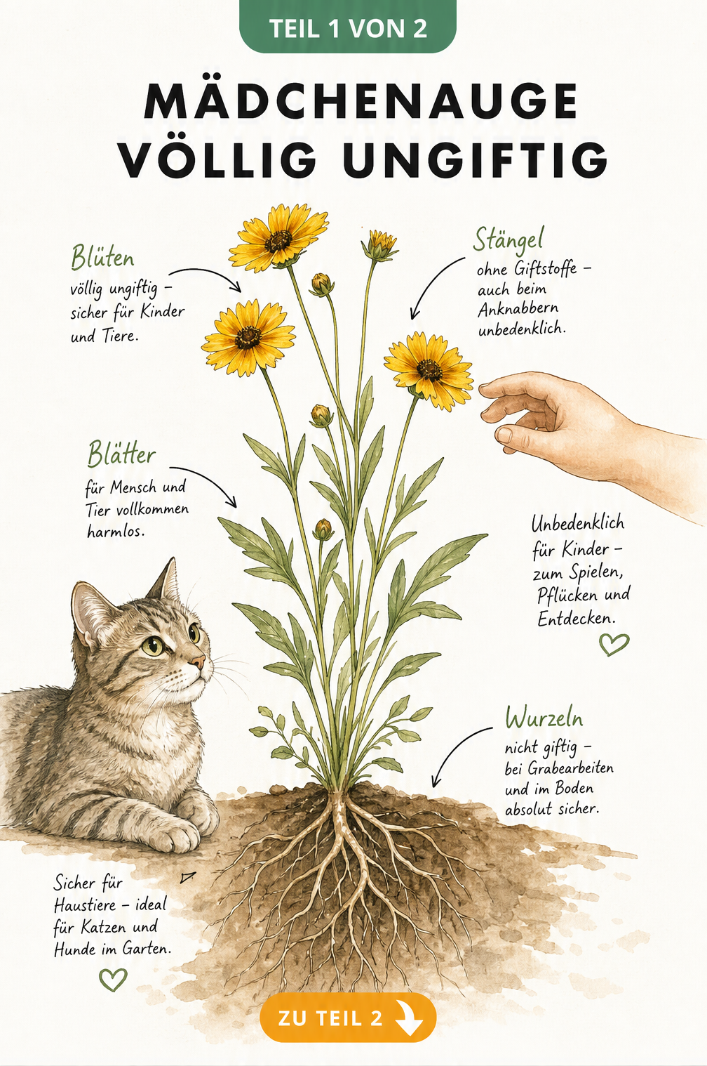 Botanische Illustration eines Mädchenauges mit Wurzeln, Blüten und Blättern, die die Ungiftigkeit für Kinder und Haustiere zeigt.