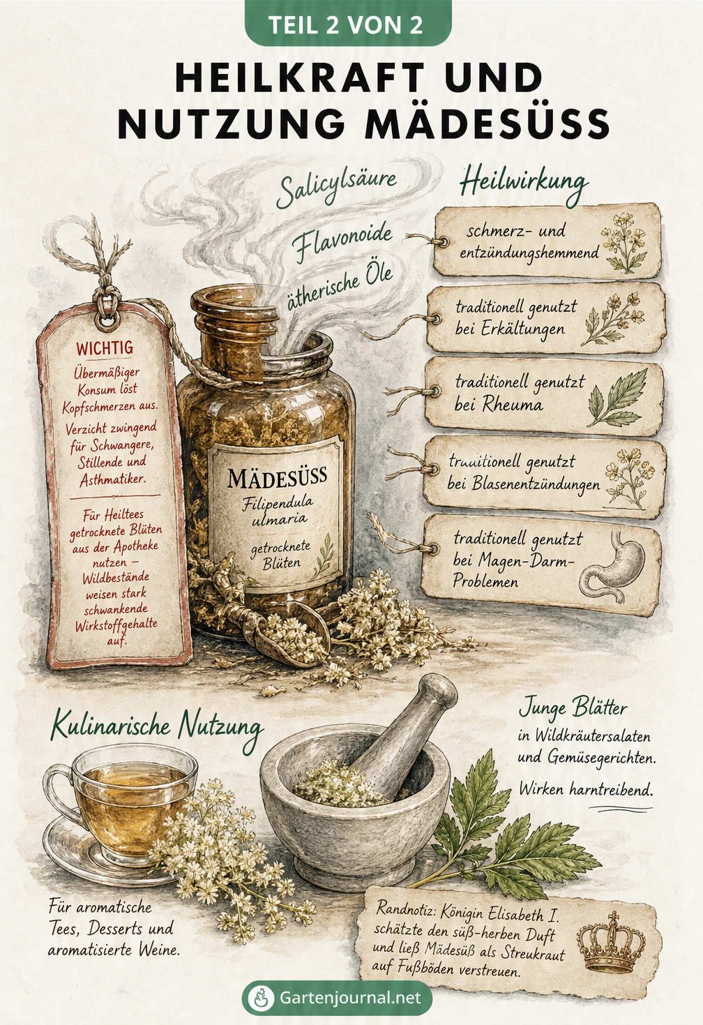 Illustration zur Heilkraft und kulinarischen Verwendung von Mädesüß mit Apothekerflasche und Teetasse