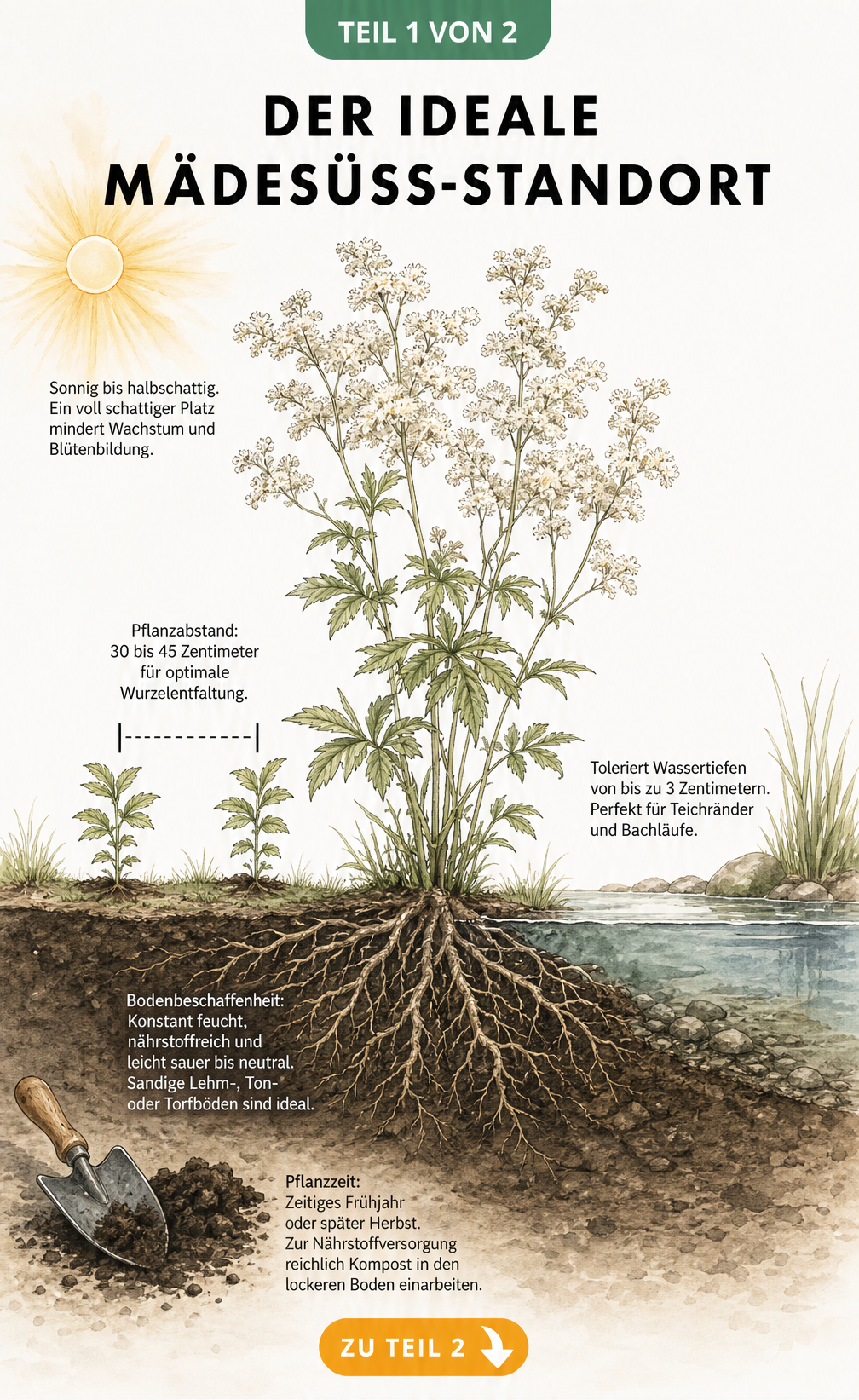 Querschnitt-Illustration eines Uferbereichs mit einer Mädesüß-Staude, die Lichtverhältnisse, Pflanzabstand, Wassertiefe und Bodenbeschaffenheit zeigt