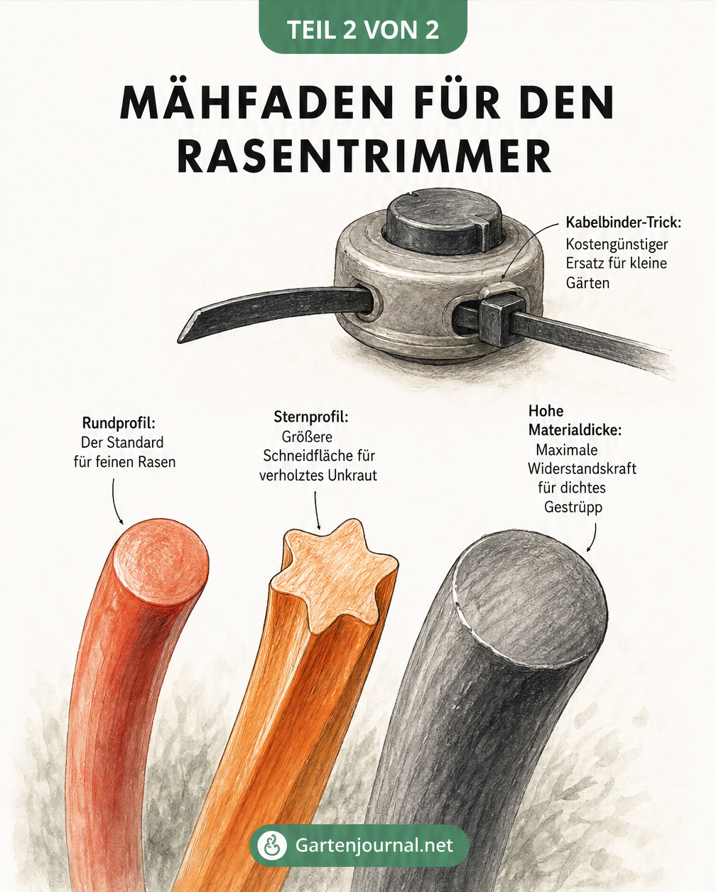 Querschnitte verschiedener Mähfäden für Rasentrimmer: Rundprofil, Sternprofil und dicker Faden sowie ein Kabelbinder als Ersatz