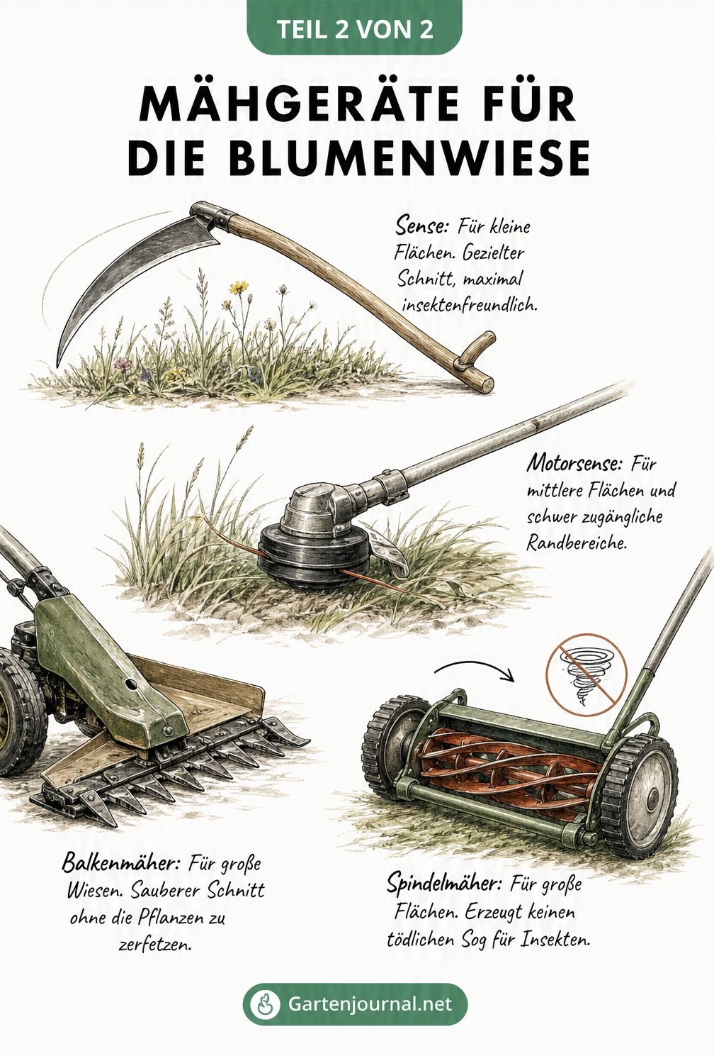 Skizzen von Mähgeräten für die Blumenwiese: Hand-Sense für kleine Flächen, Motorsense für Ränder, Balkenmäher und Spindelmäher für große Wiesen.