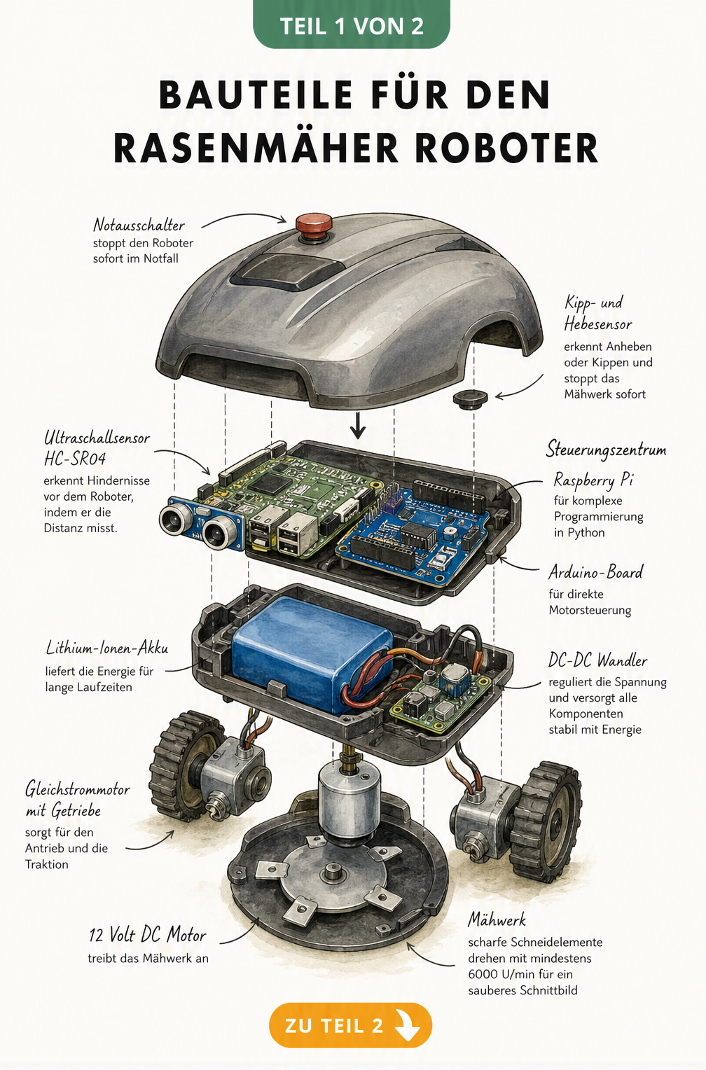 Explosionszeichnung eines Mähroboters mit Raspberry Pi, Arduino, Akku, Sensoren und Mähwerk