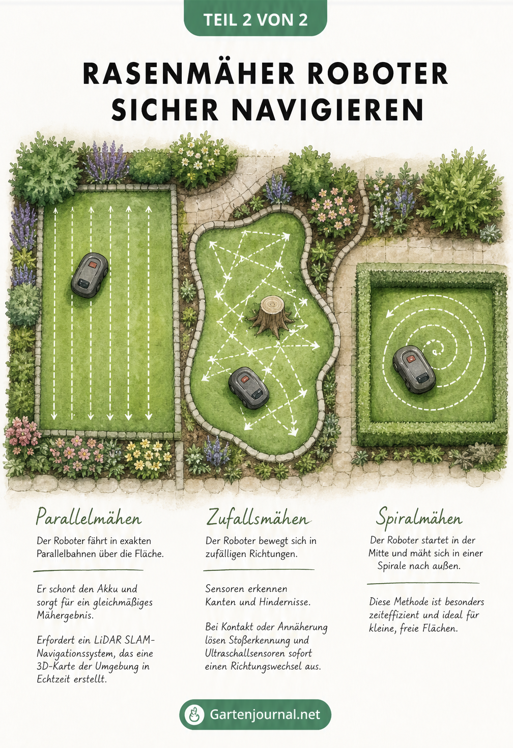 Illustration verschiedener Navigationsstrategien für Mähroboter: Parallelbahnen, Zickzack und Spirale