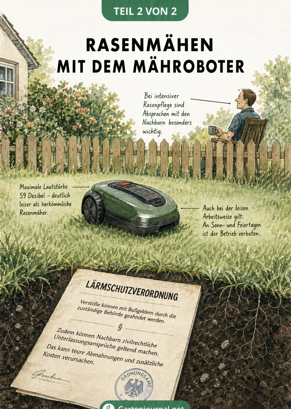 Illustration eines Mähroboters im Garten mit Hinweisen zu Lautstärke und Betriebsverbot an Sonntagen