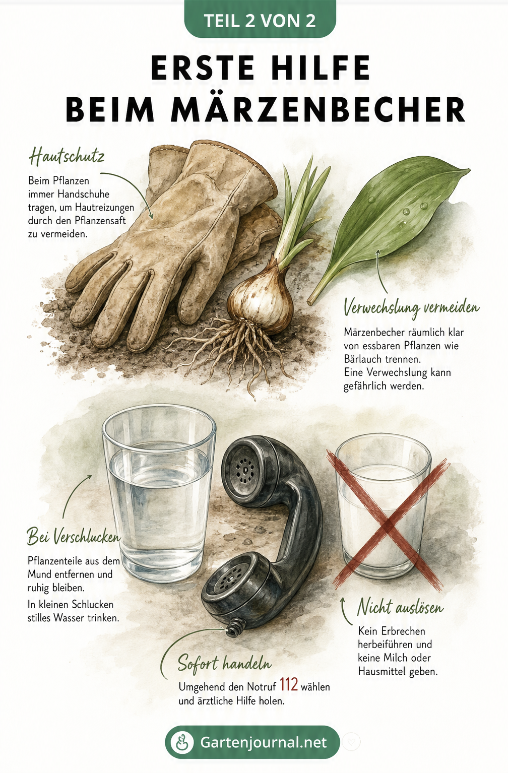 Illustration von Gartenhandschuhen, einer Märzenbecher-Zwiebel und einem Bärlauch-Blatt sowie einem Wasserglas und Telefonhörer für den Notfall.