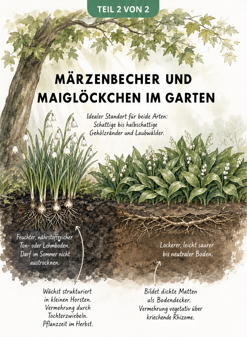 Gartenplanungsskizze mit Märzenbecher in feuchtem Boden und Maiglöckchen als Bodendecker